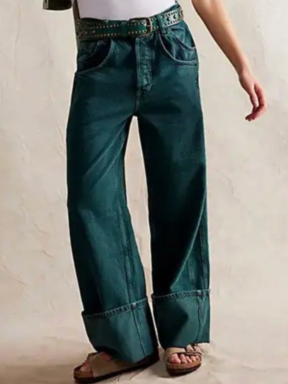 We the Free Final Countdown Low Rise Cuffed Boyfriend Dark Green Wash Wide Jeans